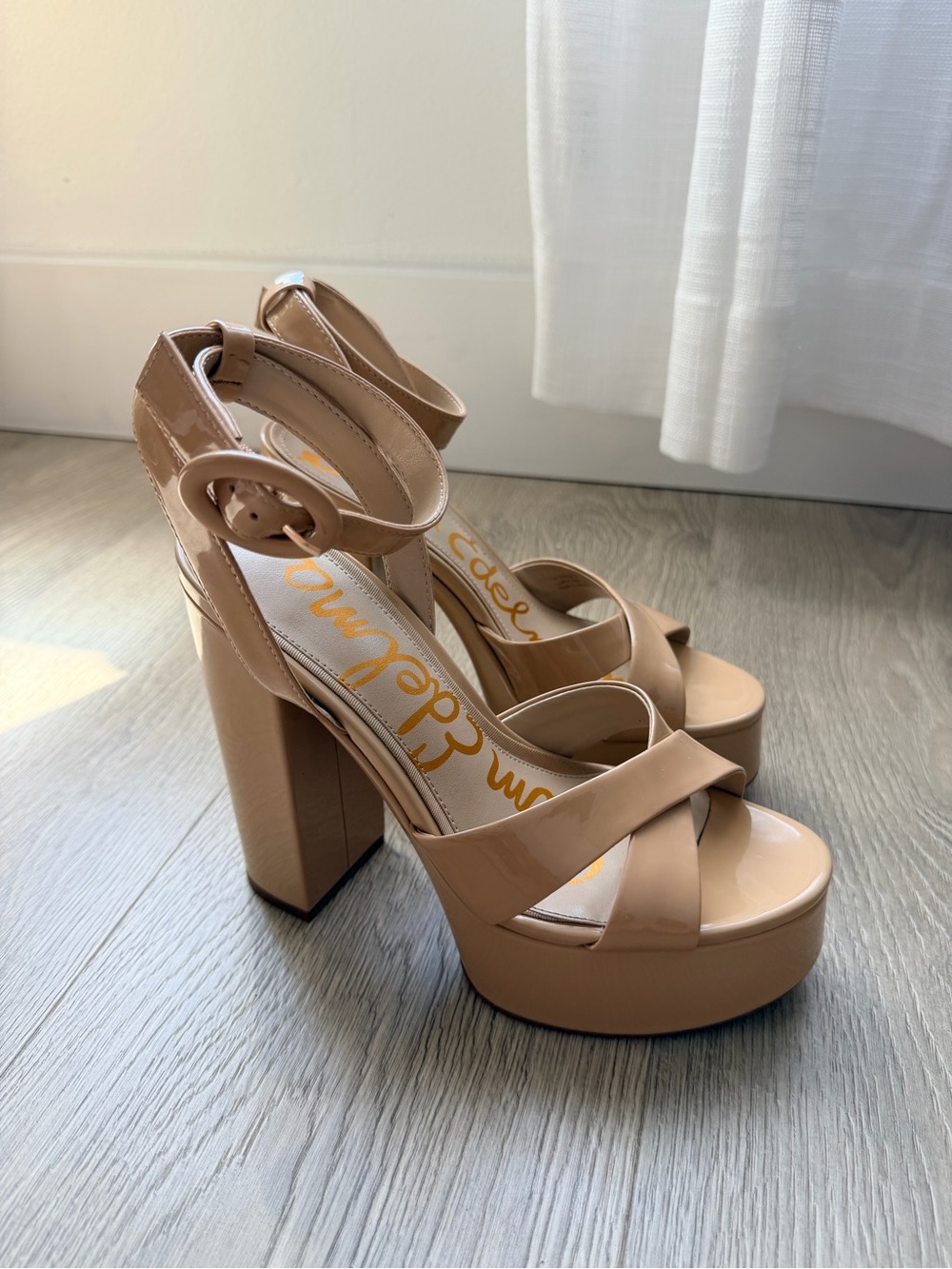 Sam Edelman Patent Platform Sandals in Nude/Tan